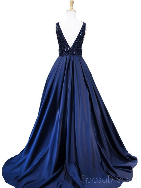 Moda V Neck Backless Navy Uma linha Beaded Long Custom Evening Prom Dresses, 17403