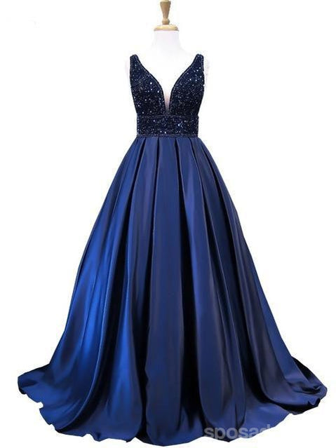 Moda V Neck Backless Navy Uma linha Beaded Long Custom Evening Prom Dresses, 17403