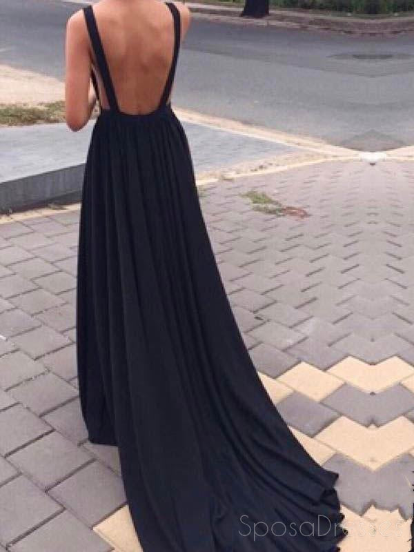 Απλό Μαύρο Backless Σιφόν Βαθύ Β-Λαιμός Μια γραμμή Μακρύ Έθιμο Φορέματα Prom Βραδιού, 17404