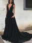 Simple Black Chiffon Backless Deep V Neck A line Long Custom Evening Prom Dresses, 17404