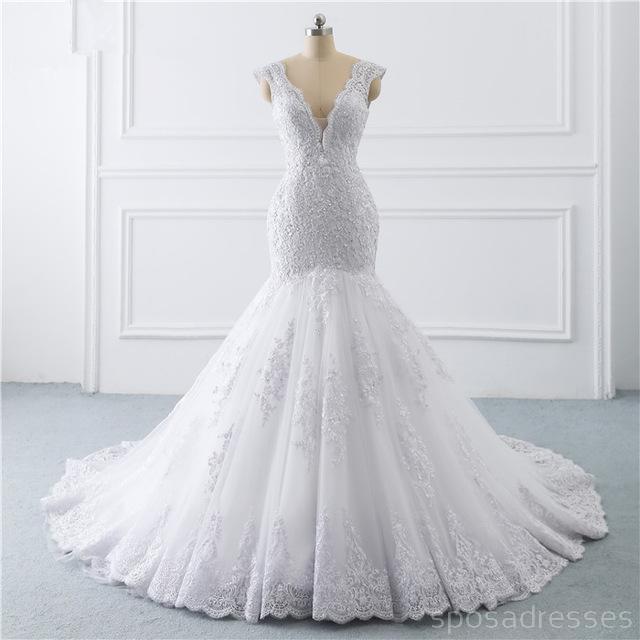 Vestidos de novia de encaje blanco mangas casquillo en línea, vestidos de novia baratos, WD511