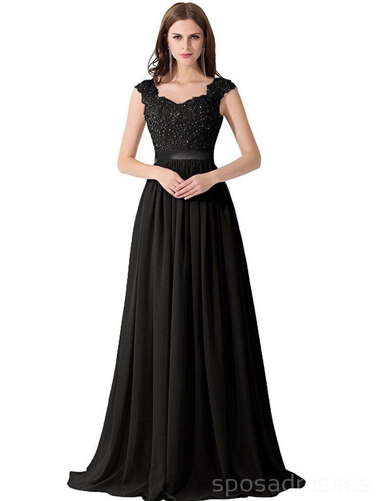 Cap Sleeve Lace Beaded See Through Black Chiffon Long Bridesmaid Dresses, WG286