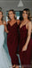 Spaghetti Vermelho Escuro Straps Tea Length Bridesmaid Vestidos Online, Vestidos Baratos De Bridesmaids, WG730