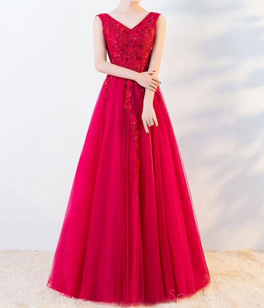 Bright Red A-line V-neck Lace Cheap Long Evening Prom Dresses, Evening Party Prom Dresses, 18647