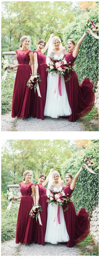 Jewel Cap Sleeves Dark Red Chiffon Floor Compgth Cheap Bridesmaid Dresses Online, WG560