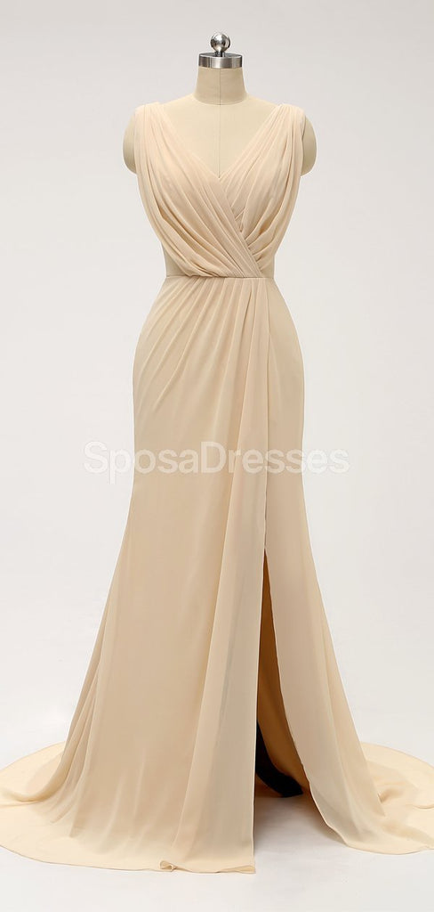 V Neck Side Slit Ruffle Chiffon Cheap Bridesmaid Dresses Online, WG586