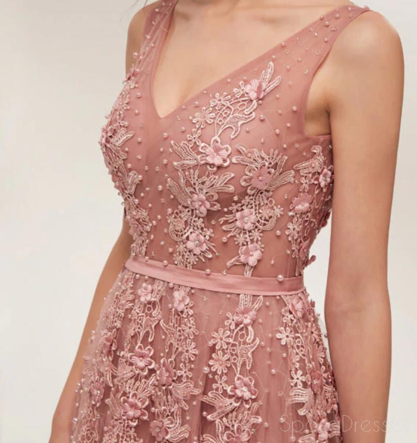 Dusty Pink V Neck Lace Beaded Long Evening Prom Dresses, Cheap Custom Sweet 16 Dresses, 18521