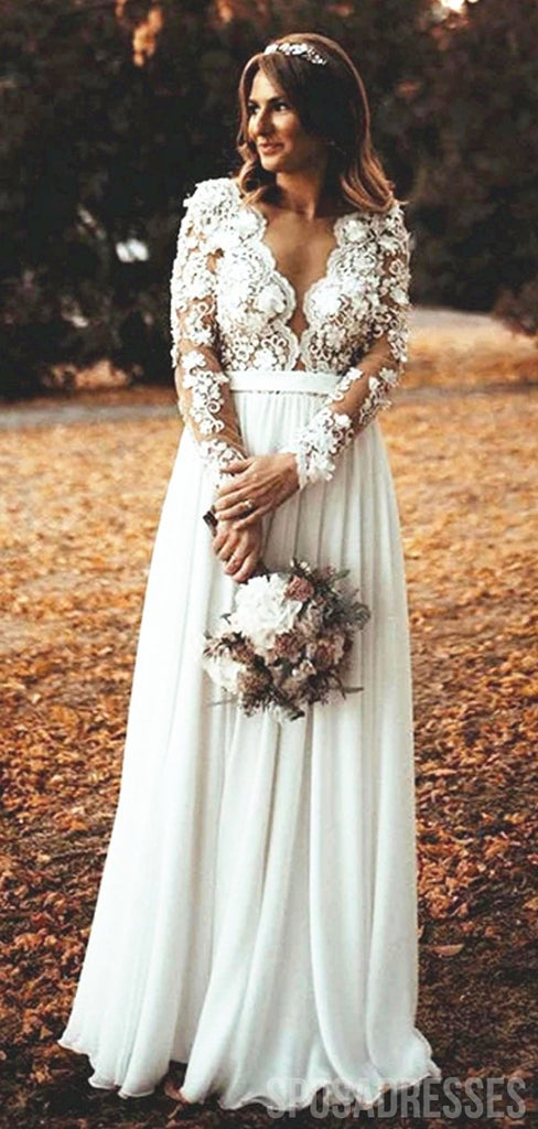 Long Sleeves See Through Beach Wedding Dresses, Chiffon Wedding Gown, WD695