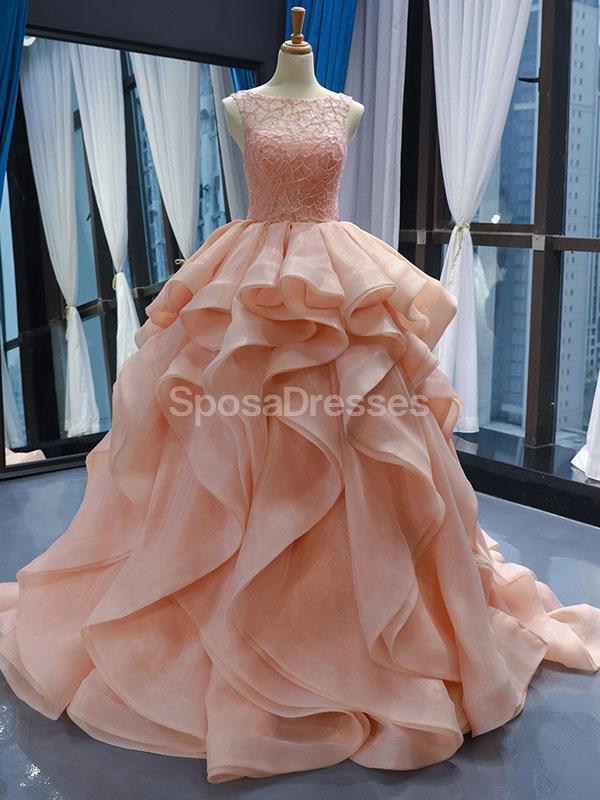 Peach Lace Beaded Ruffle Ball Gown Evening Prom Dresses, Evening Party Prom Dresses, 12253