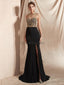 Black Skirt Gold Beaded Side Slit Sexy Mermaid Evening Vestidos, Noite Party Prom Vestidos, 12069