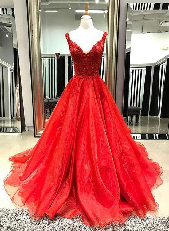 Two Straps V Neck Bright Red A line Long Custom Evening Prom Dresses, 17454