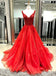 Two Straps V Neck Bright Red A line Long Custom Evening Prom Dresses, 17454