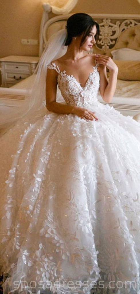 Lace Straps Ball Gown V-neck Long Wedding Dresses Online, Cheap Bridal Dresses, WD546