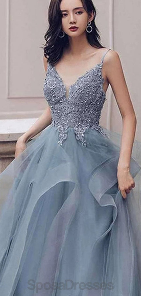 Dusty Blue V Neck Spaghetti Riemen Spitze Perlen Billig Abend Prom Dresses, Abend Party Prom Dresses, 12170