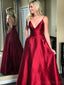 Simple Red Spaghetti Straps A-line Long Evening Prom Dresses, 17548