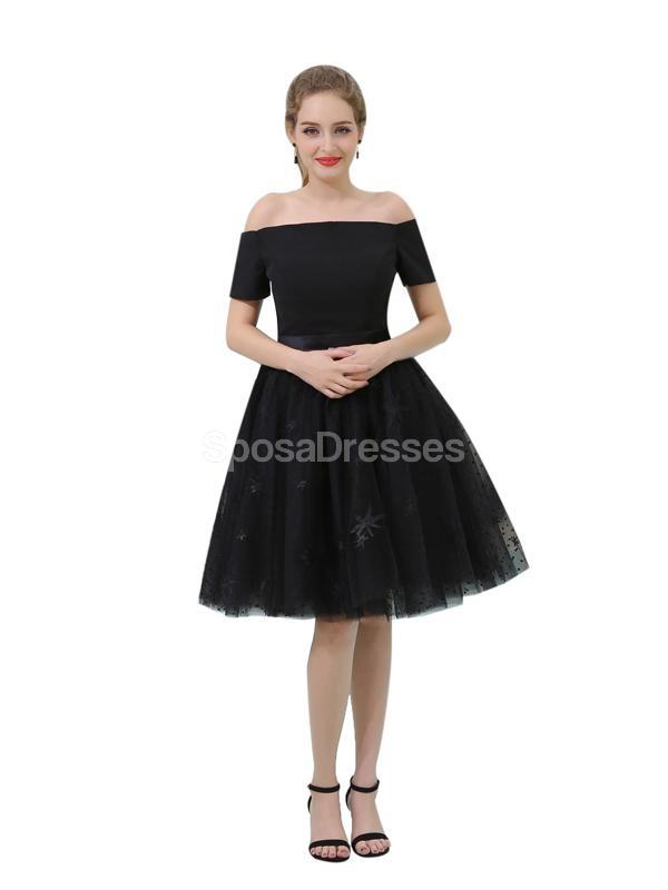 Off Shoulder Short Sleeves Black Cheap Homecoming Kleider Online, Günstige Short Prom Kleider, CM808