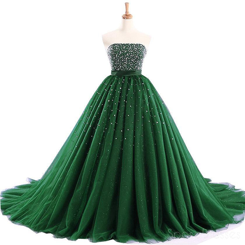 Vestidos de fiesta de noche baratos sin tirantes con cuentas de tul verde esmeralda sin tirantes, dulces 16 vestidos, 17494