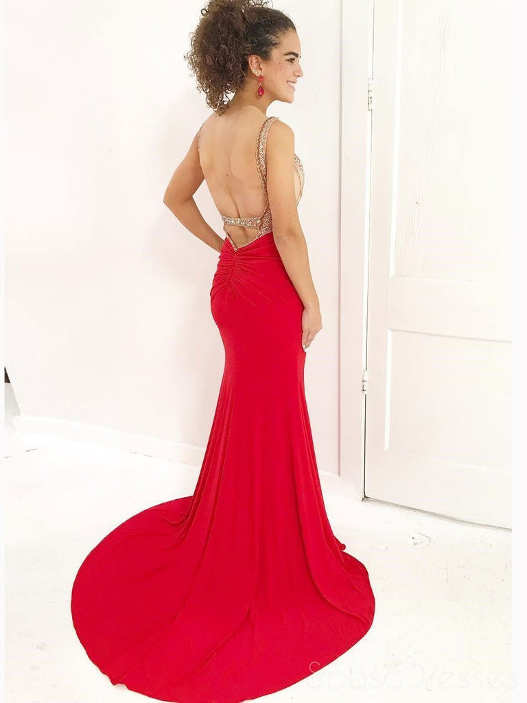 Red Sexy See Through Backless Beaded Mermaid Long Custom Evening Prom Dresses, 17445