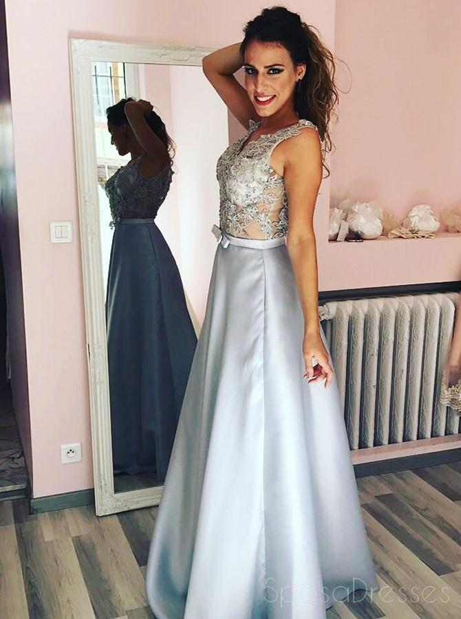 Sexy Lace See Through Grey A-line Long Evening Prom Dresses, Sparkly Sweet 16 Dresses, 18337