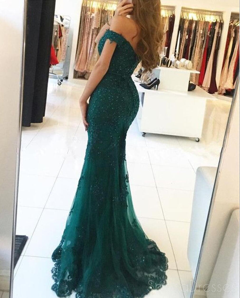 Sexy Off Shoulder Emerald Green Lace Beaded Mermaid Long Evening Prom Dresses, Popular Φθηνό Long Cunds Party Prom Dresses, 17328