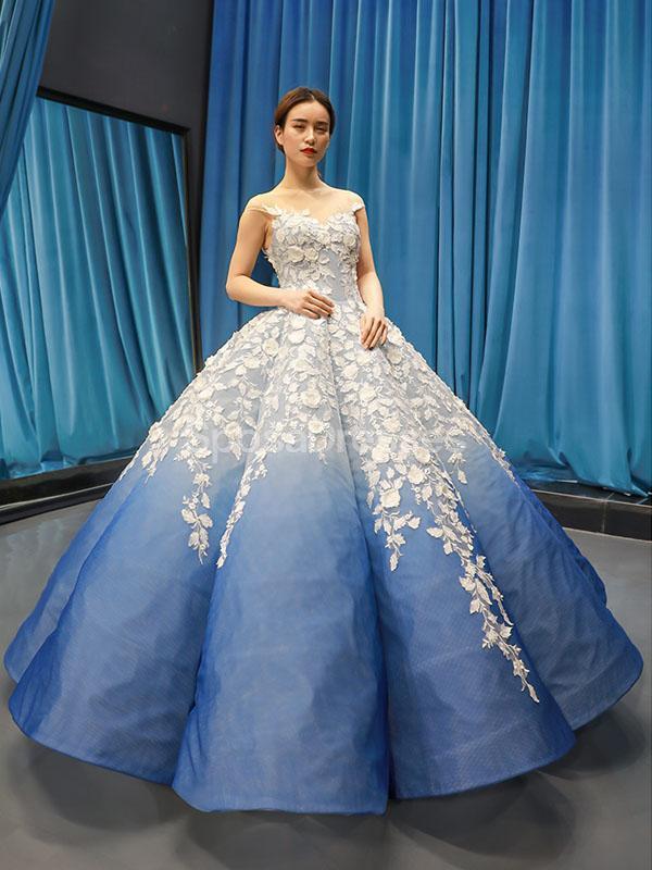 Jewel Neck Ombre Blue Ball Gown Evening Prom Dresses, Evening Party Prom Dresses, 12254