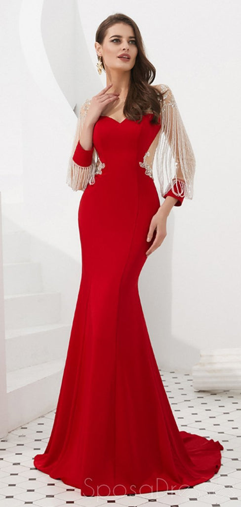 Red Long Sleeves See Through Back Beaded Mermaid Evening Prom Dresses, Evening Party Prom Dresses, 12082