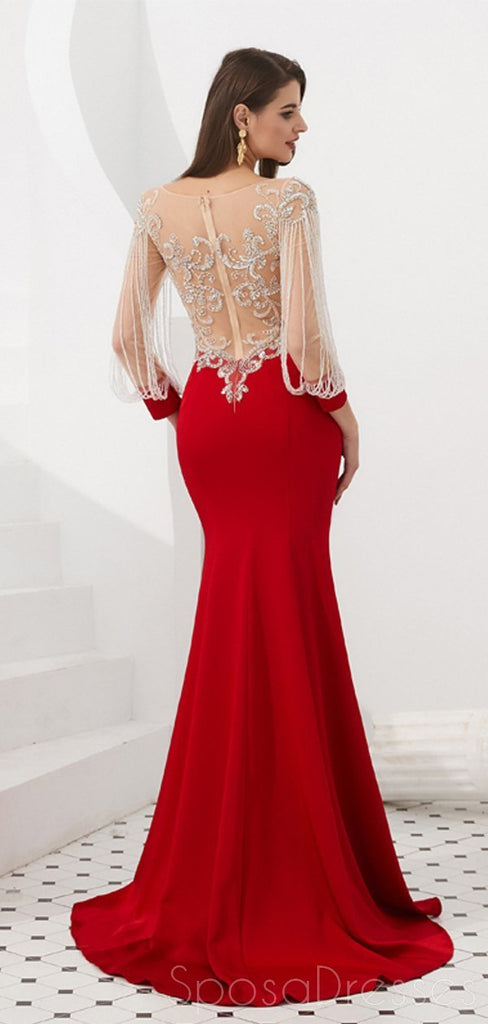 Red Long Sleeves See Through Back Beaded Mermaid Evening Prom Dresses, Evening Party Prom Dresses, 12082