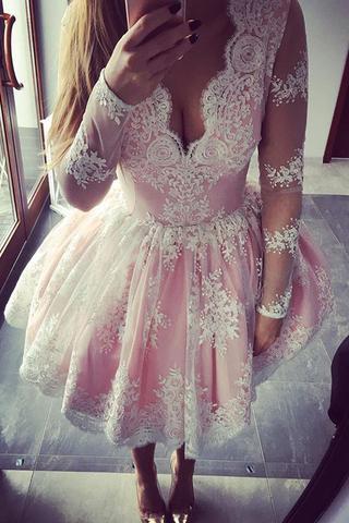 Long Sleeve Lace Pink Homecoming Prom Dresses, Affordable Short Party Prom Sweet 16 Dresses, Perfect Homecoming Cocktail Dresses, CM364