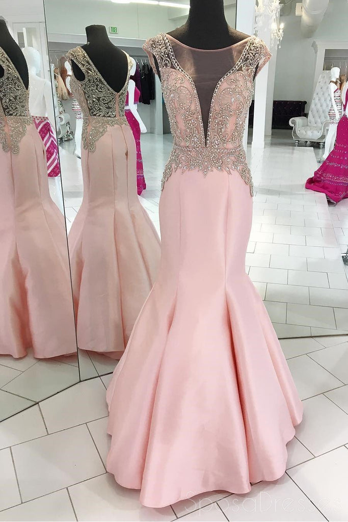 Pink Cap Sleeve Beaded V Neck Mermaid Long Evening Prom Dresses, 17518