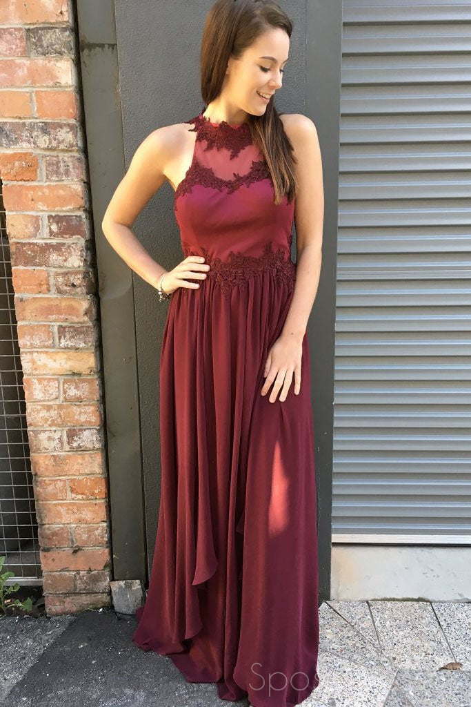 Sexy Open Back Maroon Halter Chiffon Long Evening Prom Dress, 17519