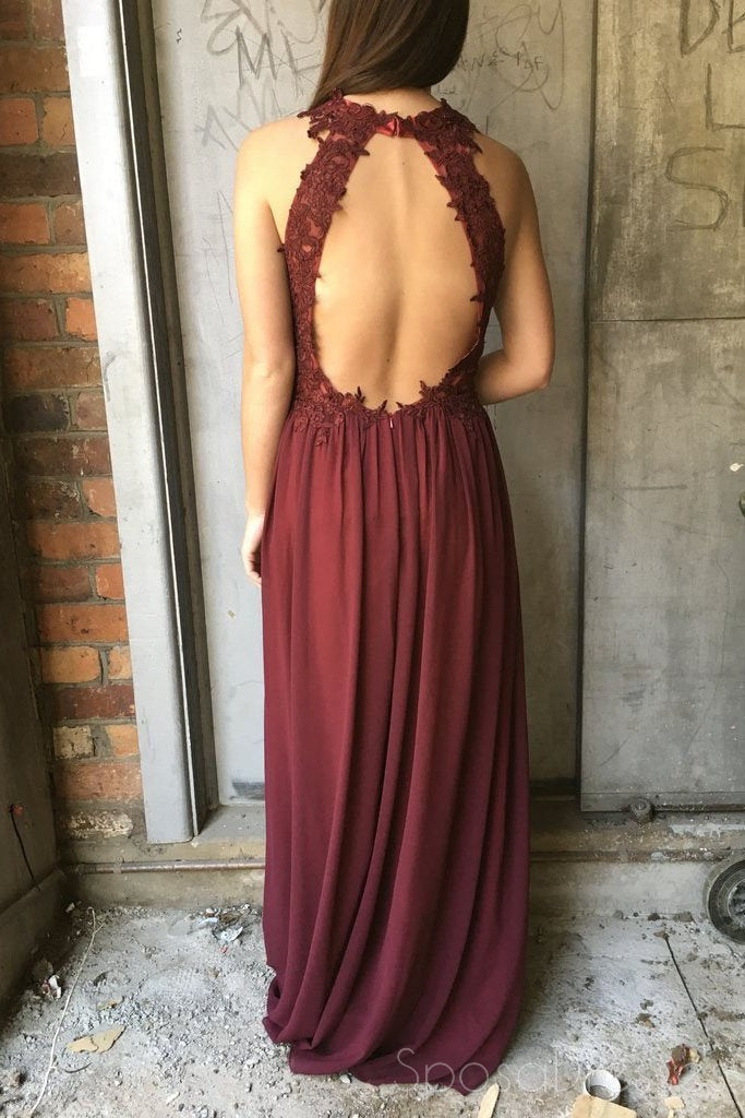 Sexy Open Back Maroon Halter Chiffon Long Evening Prom Dresses, 17519