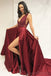 Dark Red Sexy V Neck Side Slit A-line Cheap Evening Prom Dresses, 17498