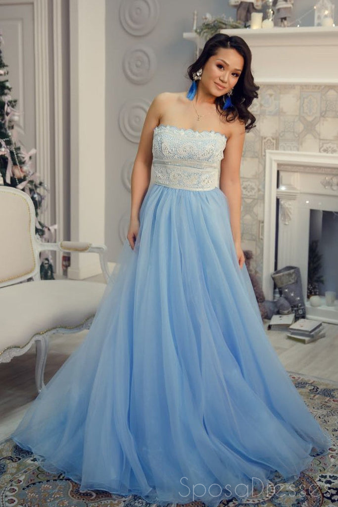 Strapless Lace Luz Azul de Uma linha de Baixo de Noite Vestidos de Baile, Sweet 16 Dresses, 17499