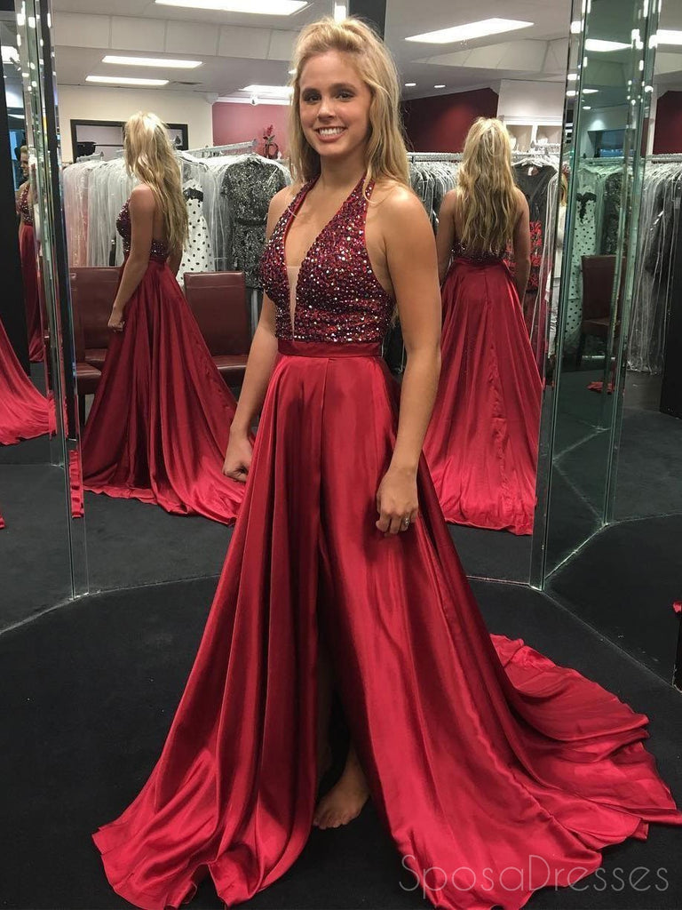 Sexy Halter Backless Side Silt Burgundy V Neck A line Long Custom Evening Prom Dresses, 17434