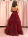 Sexy Backless Dark Red A-line Ruffle Evening Prom Dresses, Evening Party Prom Dresses, 12194