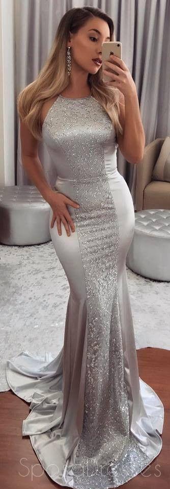 Sexy Backless Mermaid Silver Evening Prom Dresses, Cheap Custom Sweet 16 Dresses, 18493