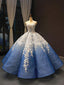 Jewel Neck Ombre Blue Ball Gown Evening Prom Dresses, Evening Party Prom Dresses, 12254