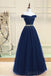 Off Shoulder Navy Tulle Eine Linie Perlen Lange Abend Abendkleider, 17694