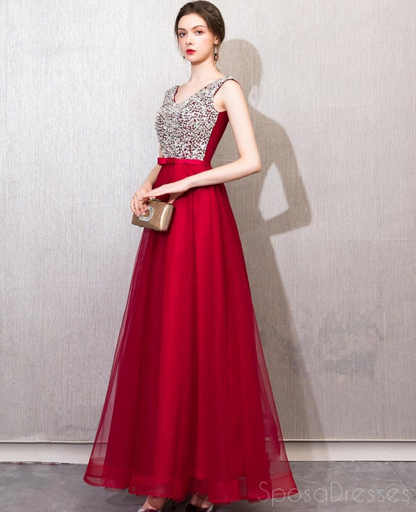 Red V V-Ausschnitt Perlen Günstige Lange Abend Prom Kleider, Günstige Custom Sweet 16 Kleider, 18523