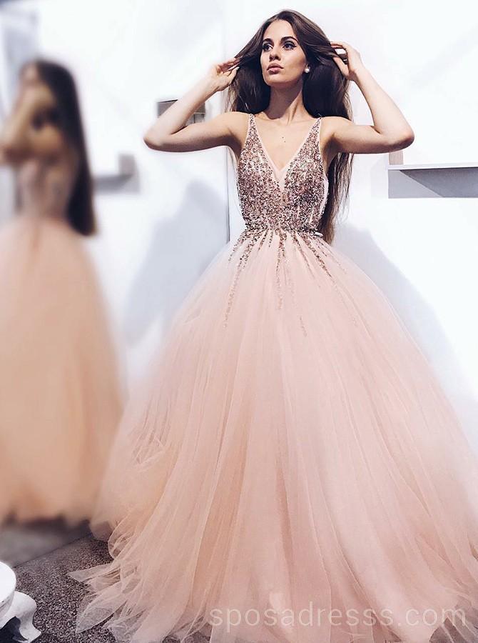 Peach Tulle Rose Gold Beaded Long Evening Prom Dresses, Cheap Custom Sweet 16 Dresses, 18547