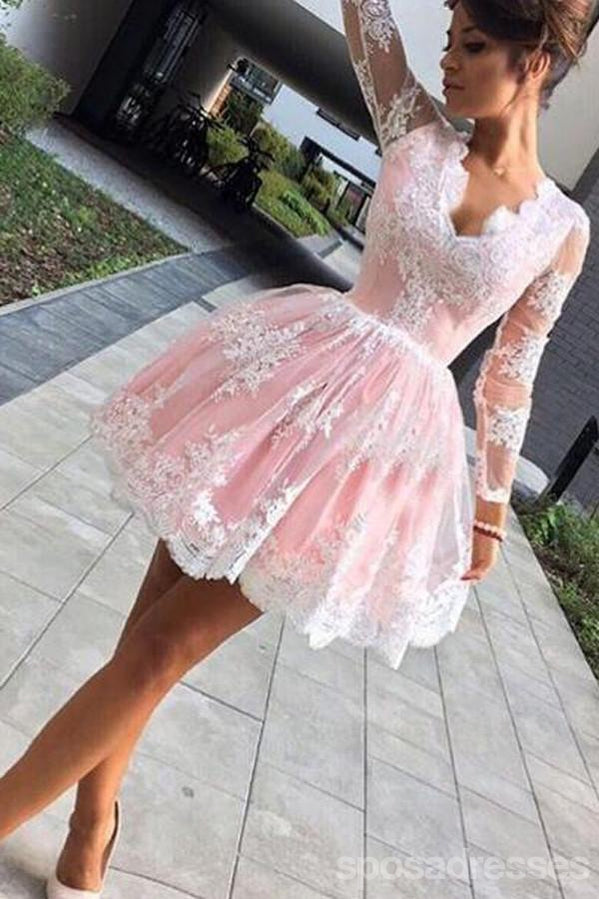 Long Sleeve Lace Pink Homecoming Prom Dresses, Affordable Short Party Prom Sweet 16 Dresses, Perfect Homecoming Cocktail Dresses, CM364