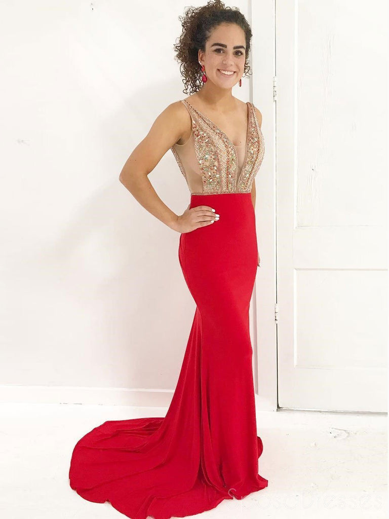 Red Sexy See Through Backless Beaded Mermaid Long Custom Evening Prom Dresses, 17445