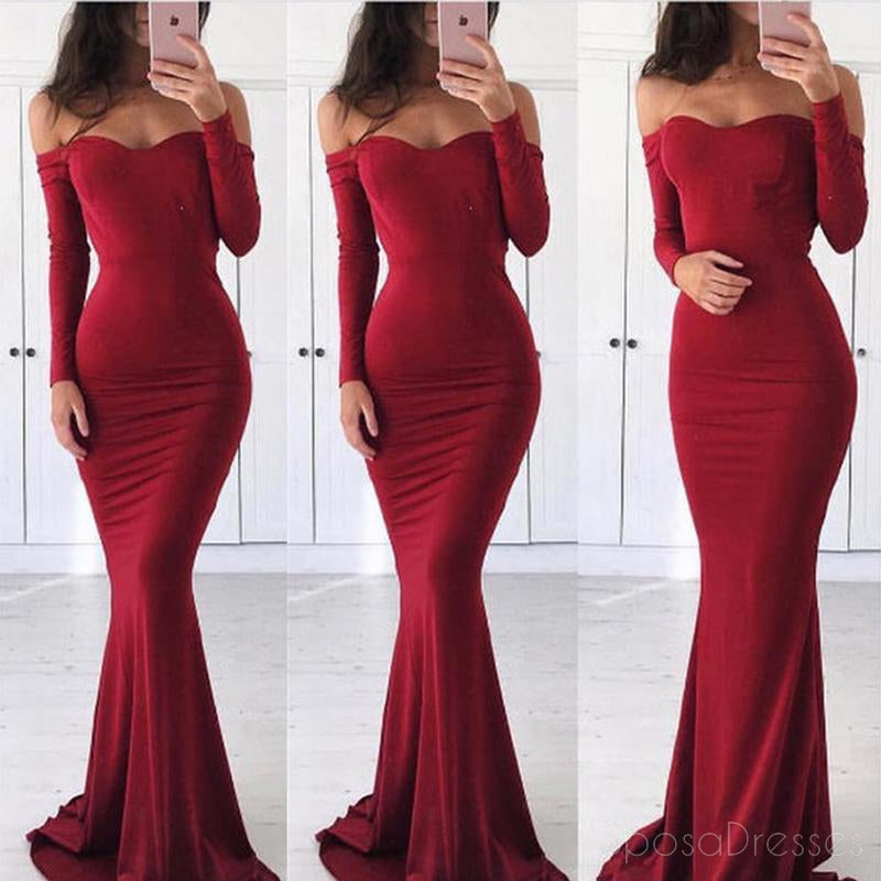 Simple Off Shoulder Long Sleeve Red Mermaid Evening Prom Dresses, Popular Red Party Prom Dresses, Custom Long Prom Dresses, Cheap Formal Prom Dresses, 17201