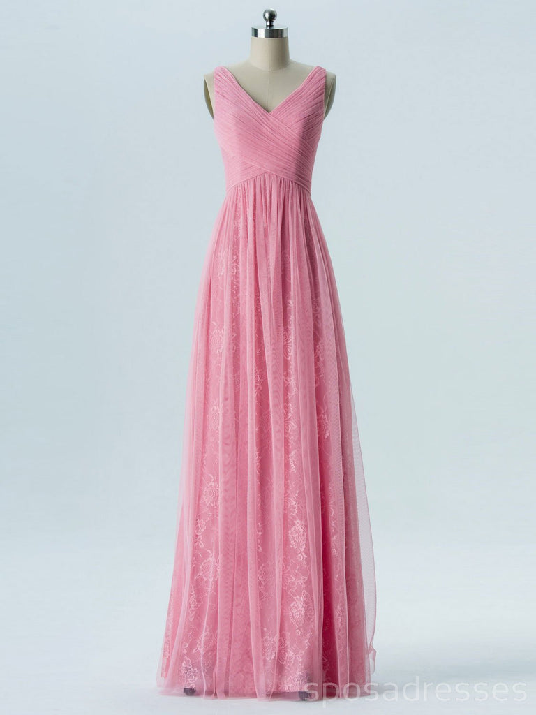 V Neck Pink Lace Cheap Long Bridesmaid Dresses Online, WG288