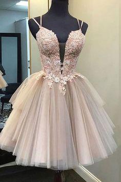 V Neck Dusty Pink Tulle Beaded Short Homecoming Dresses Online, Robes de bal courtes pas chères, CM845