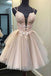 V Neck Dusty Pink Tulle Beaded Short Homecoming Dresses Online, Robes de bal courtes pas chères, CM845