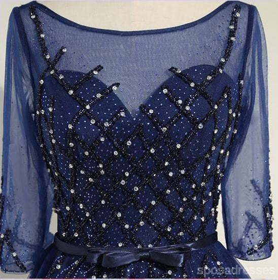 Sexy See Through Long Sleeve Navy Lace Beaded Long Evening Prom Dresses, Popular Cheap Long 2018 Party Prom Dresses, 17231