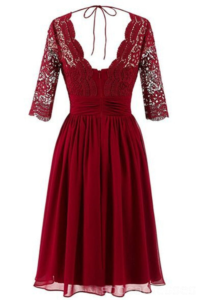 Vermelho-escura de Manga Longa de Renda Curtos Vestidos de Dama de honra, Barato Personalizado Curto Vestidos de Dama de honra, Acessível Vestidos de Dama de honra, BD024