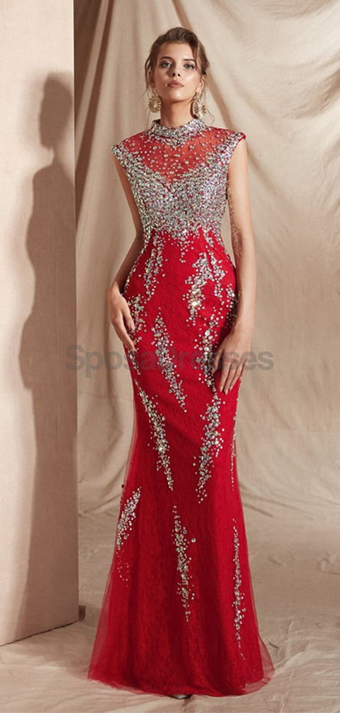 Vestidos de fiesta de noche de sirena con cuello alto rojo con cuentas, vestidos de fiesta de noche, 12071