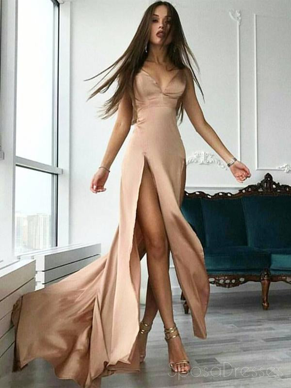 Simples Cheap Sexy Deep V Neckline Side Slit Long Evening Prom Dresses, Popular Cheap Long Custom Party Prom Dresses, 17322